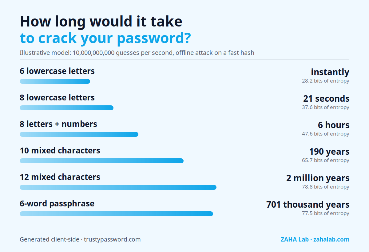 Chart: estimated time to crack passwords by pattern, from instantly for 6 lowercase letters to thousands of years for a 12-character mixed password or a 4-word passphrase